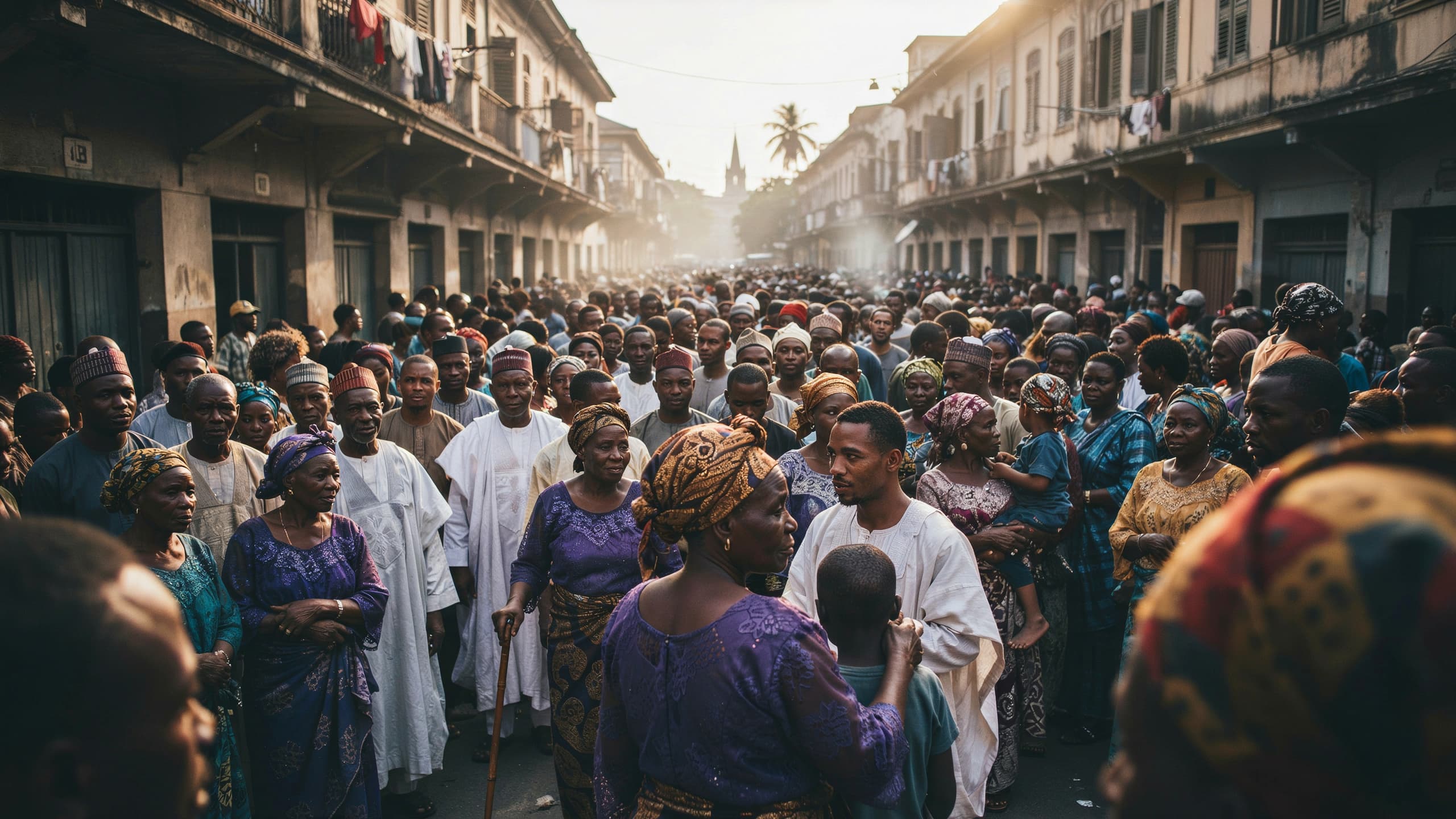 A Nigerian community gathered on a city street at sunset